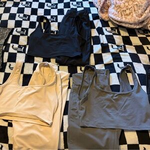 Set of Sports Bras and Leggings in Black, Beige, and Gray